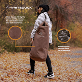 Hoplite Canvas Top Load Bag brown infographics with lifestyle picture of girl walking