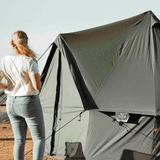 Regatta bell tent boulder grey with woman standing in front