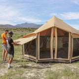 altimus bell tent's built in awning being open by two guys getting ready for camping with tents