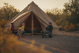 bell tent awning set outside with a family enjoying