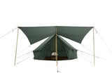 forest green bell tent awning fully opened